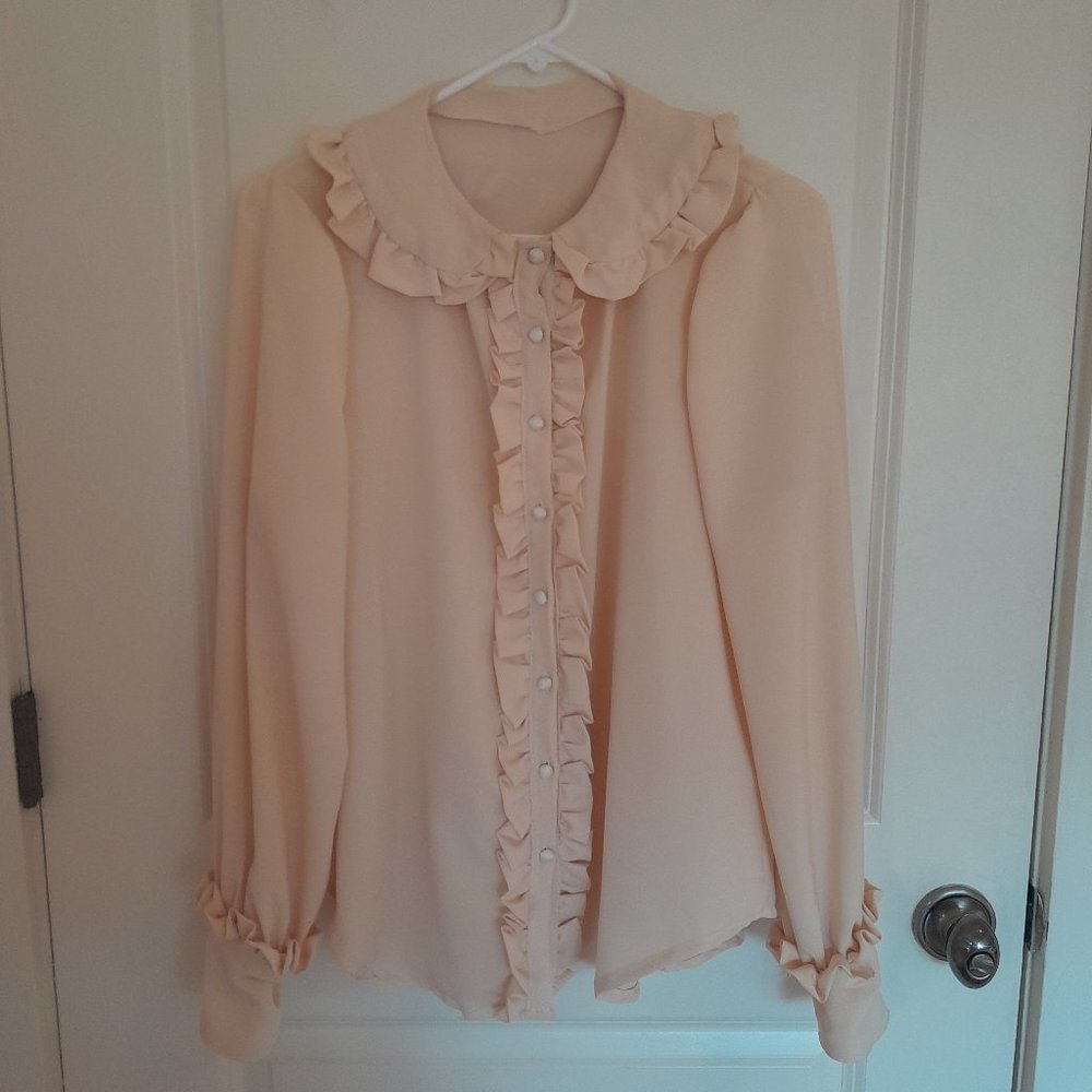 Women's Beige Ruffle Button Down Shirt, size L, Handmade Designer
